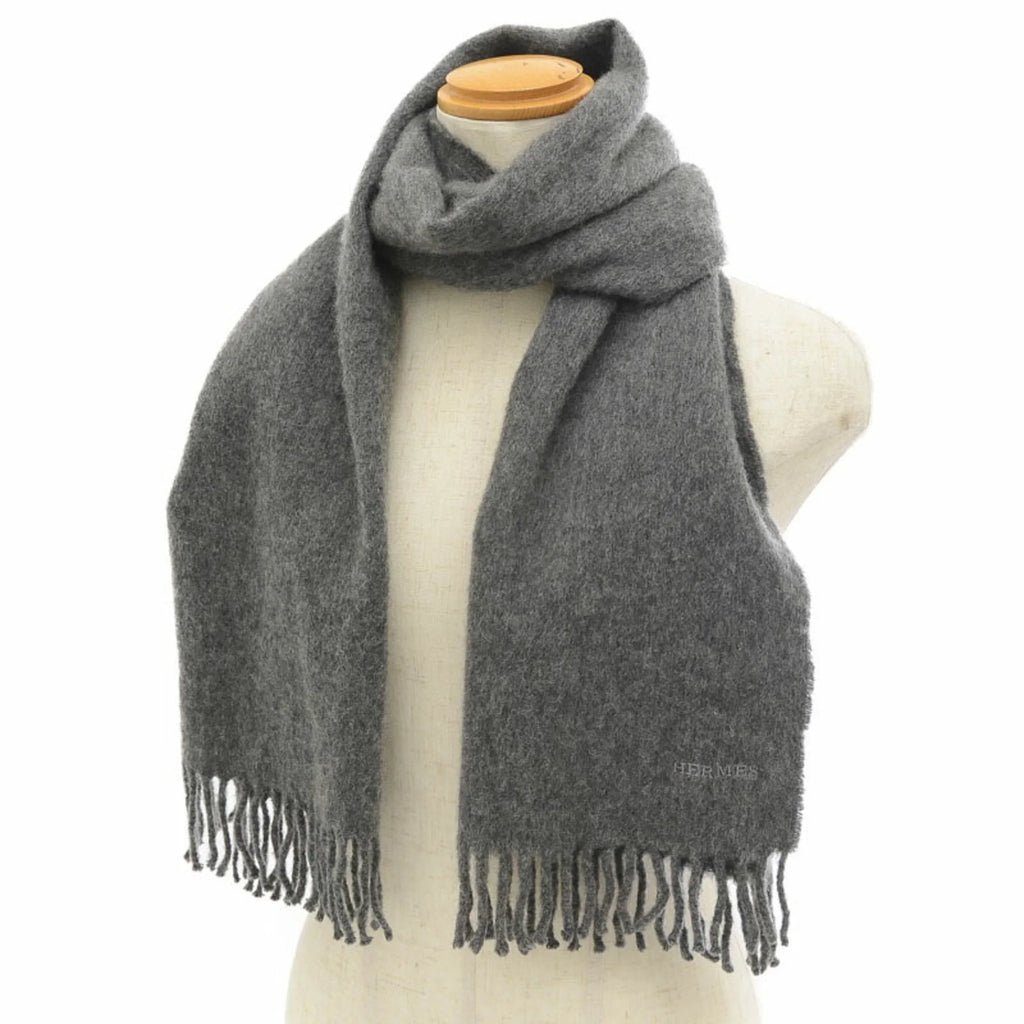 100% Pre-Owned cashmere (Good) embroidery scarf gray Hermes fringe logo