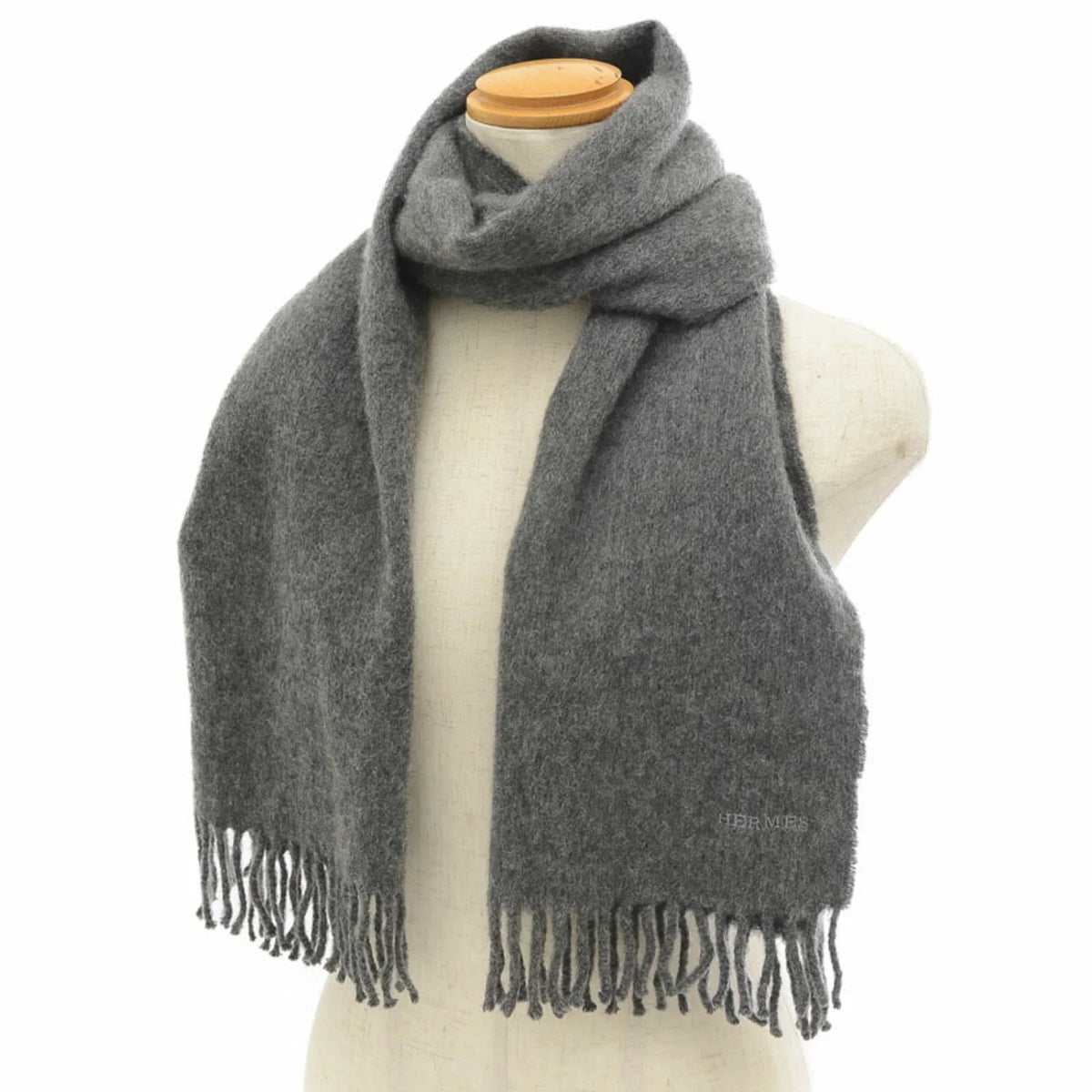100% Pre-Owned cashmere (Good) embroidery scarf gray Hermes fringe logo