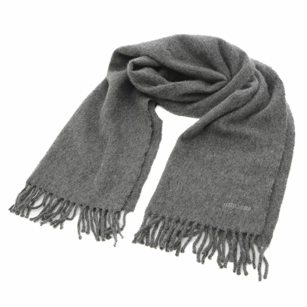 100% Pre-Owned cashmere (Good) embroidery scarf gray Hermes fringe logo