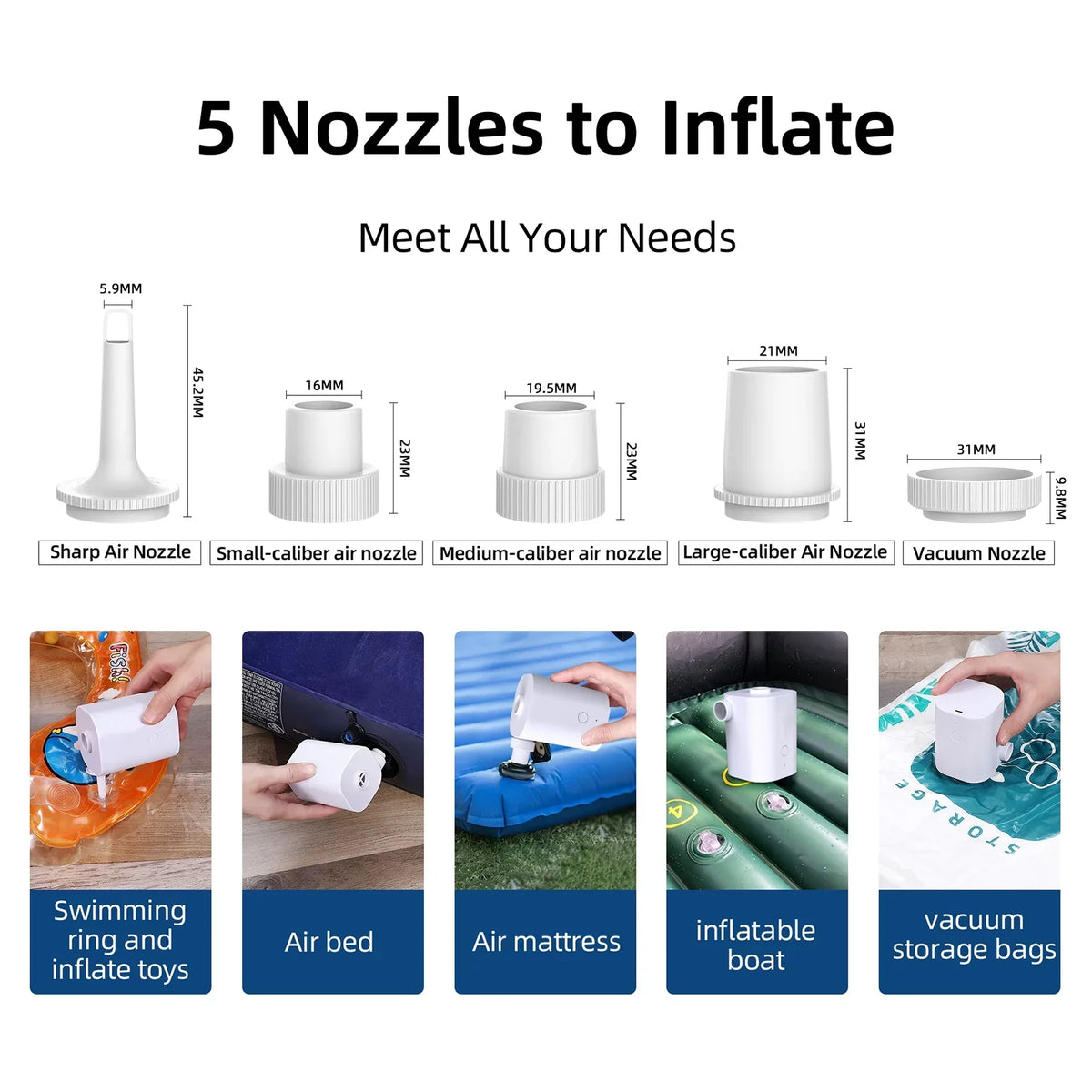 Quick Battery Pumps Deflator Mattress 5 with Swimming Pump Air Air Nozzles 2500mAh Pool Inflatables Electric Ring Pump with Air Inflator USB Toy for Air Bed