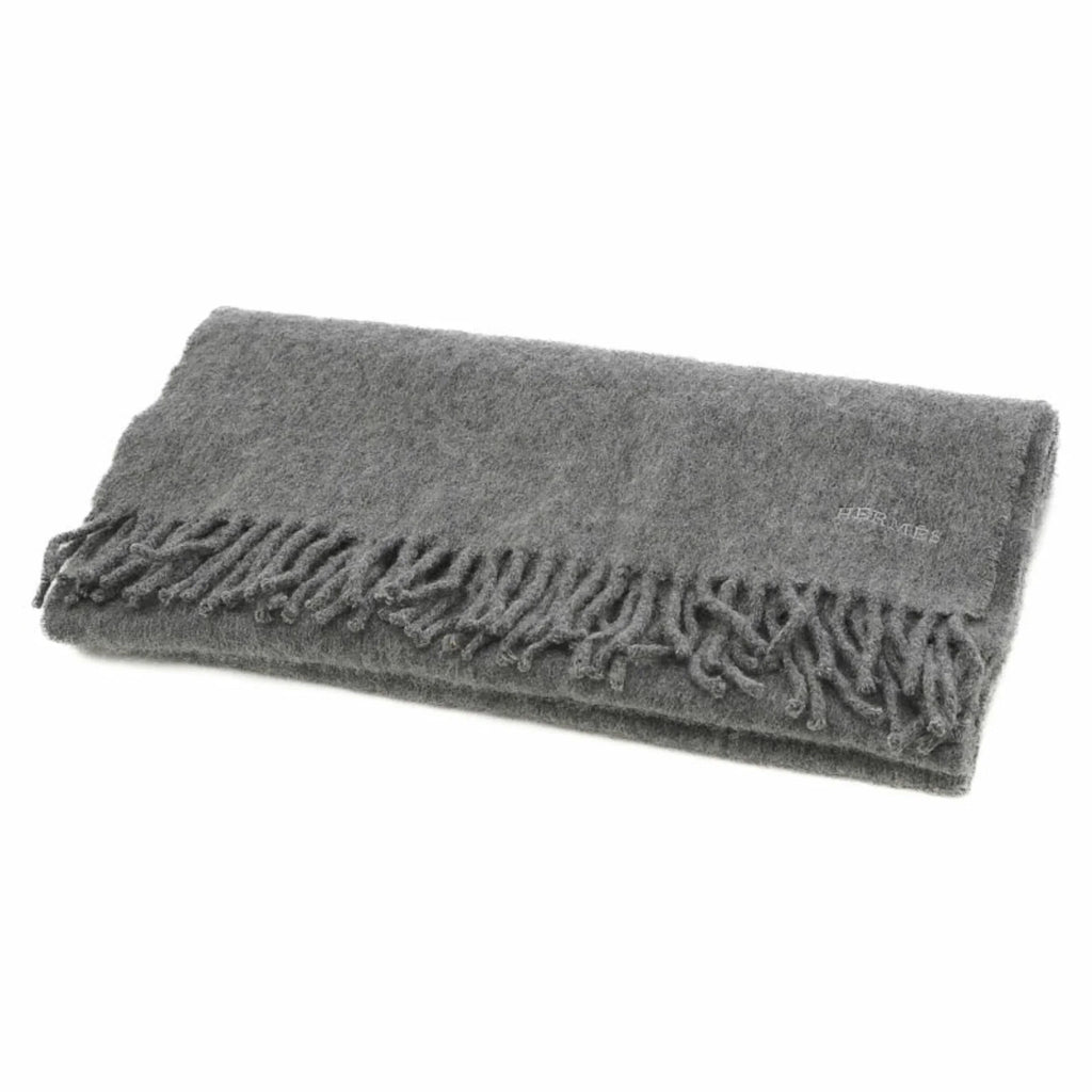 100% Pre-Owned cashmere (Good) embroidery scarf gray Hermes fringe logo