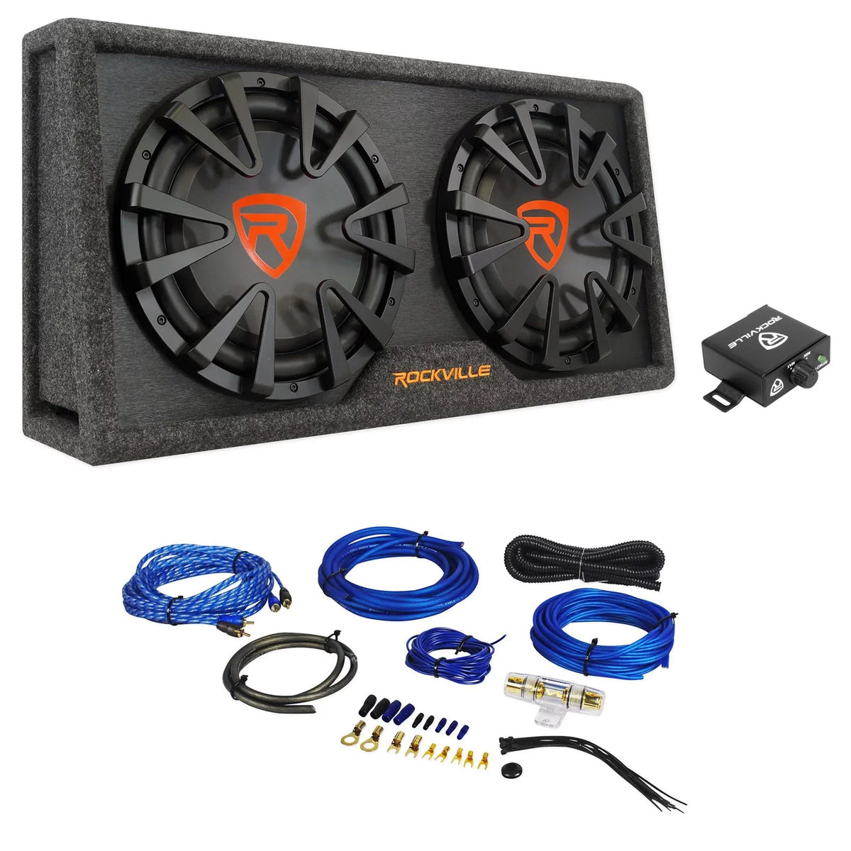 Dual Enclosure+Amp Powered inches Kit Subwoofer RG212CA Vented Rockville 2000w Car 12