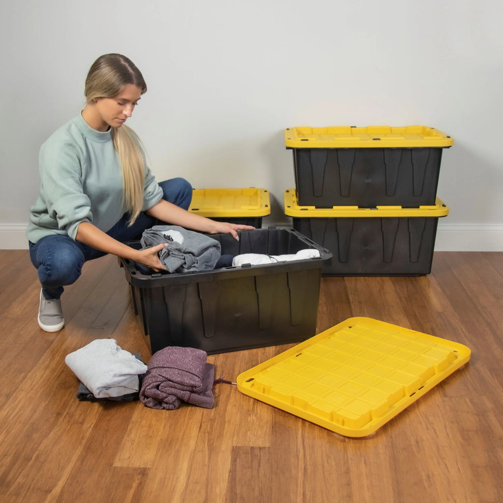Storage Black Gallon Yellow Lid Plastic 17 Container, with Set Box Snap 4 of Lid, Stackable Tough