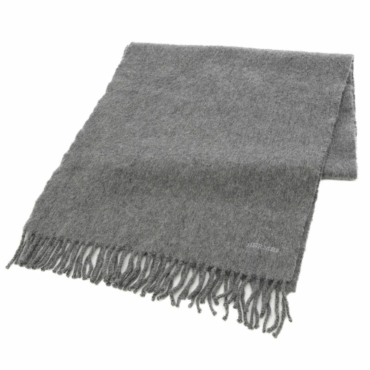 100% Pre-Owned cashmere (Good) embroidery scarf gray Hermes fringe logo