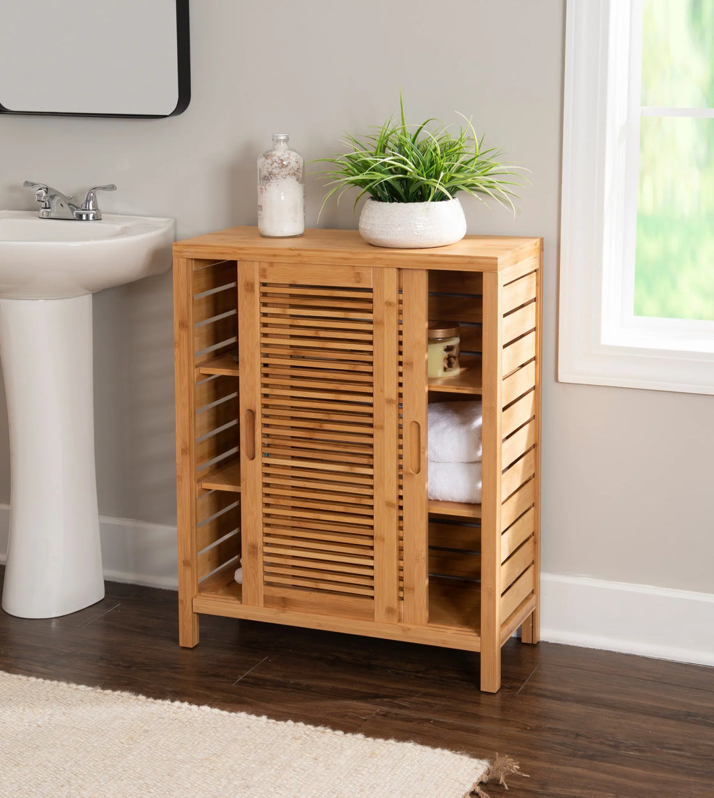 3 Floor Shelf Door 2 Bathroom Storage Bamboo Bracken Cabinet, Linon