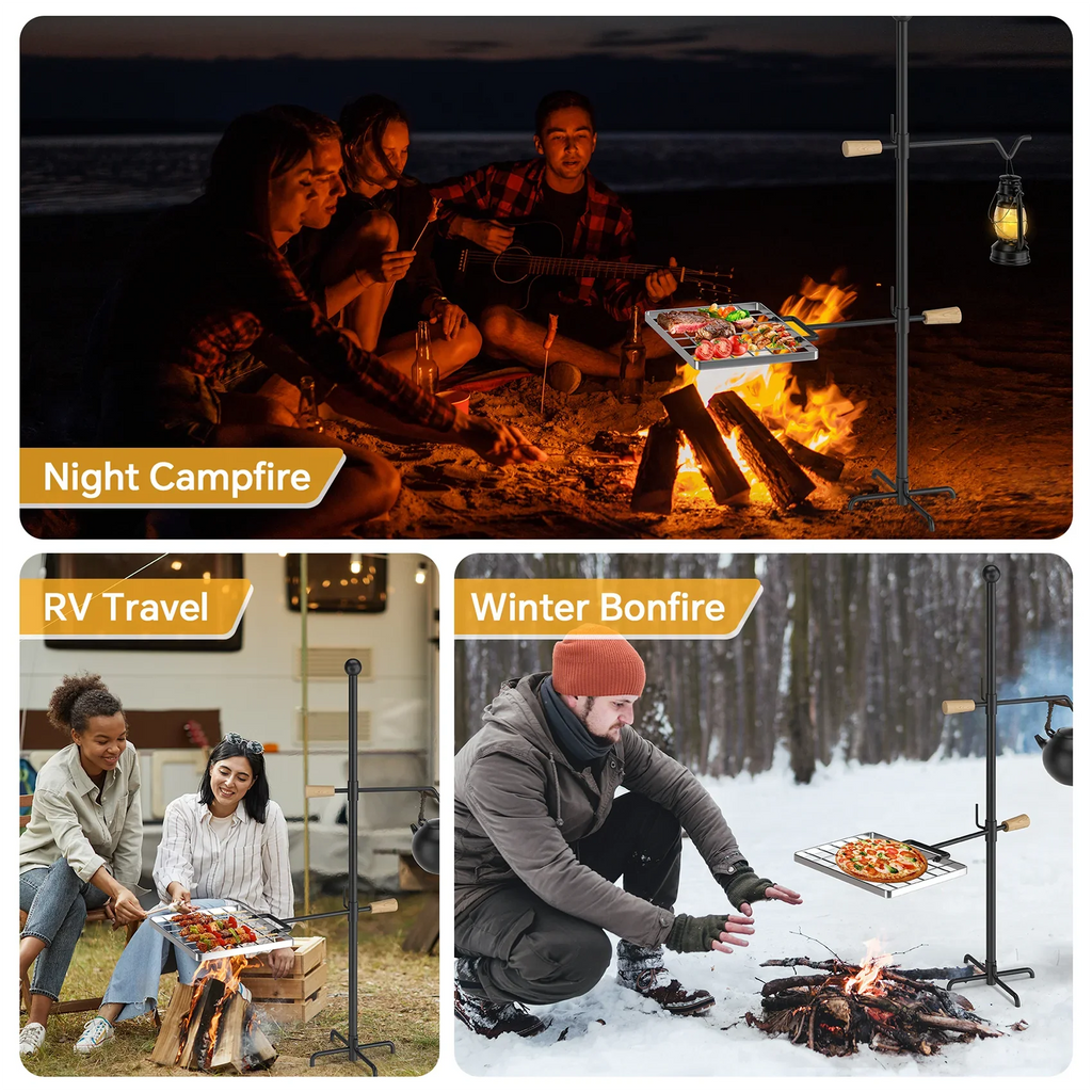 Steel, and Perfect - Swivel Grill Campfire Heavy Rotation Adjustable for Barbecue, Duty exterior Mr Handle, Height IRONSTONE - Cooking Grate and Camping