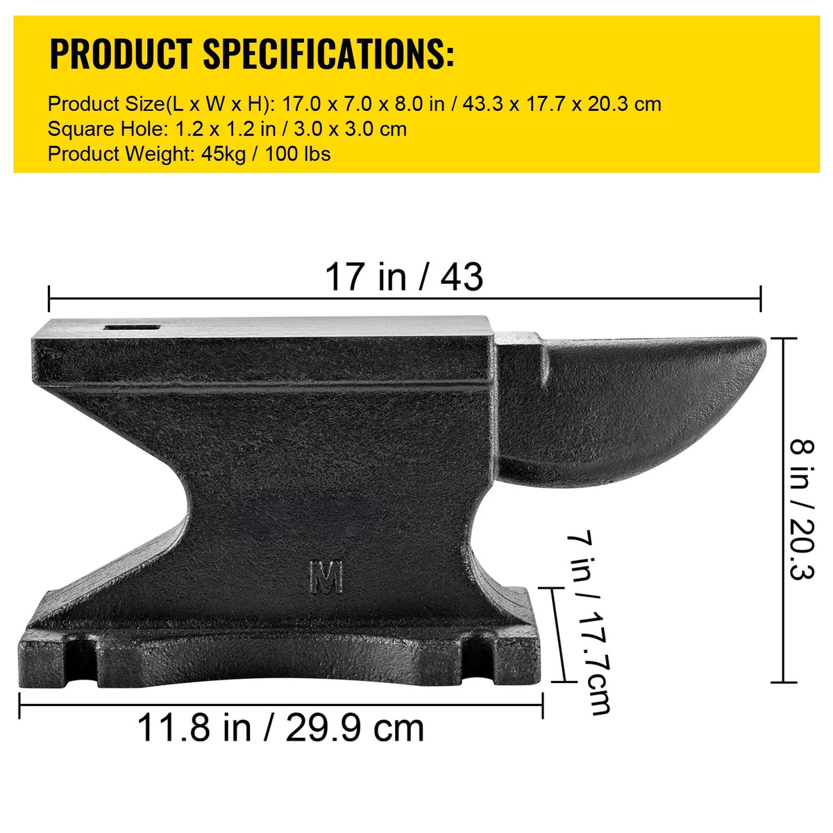 LB/45KG 100 Anvil Iron W/1.2in Beck BENTISM Square Iron Blacksmith Hole Single Cast