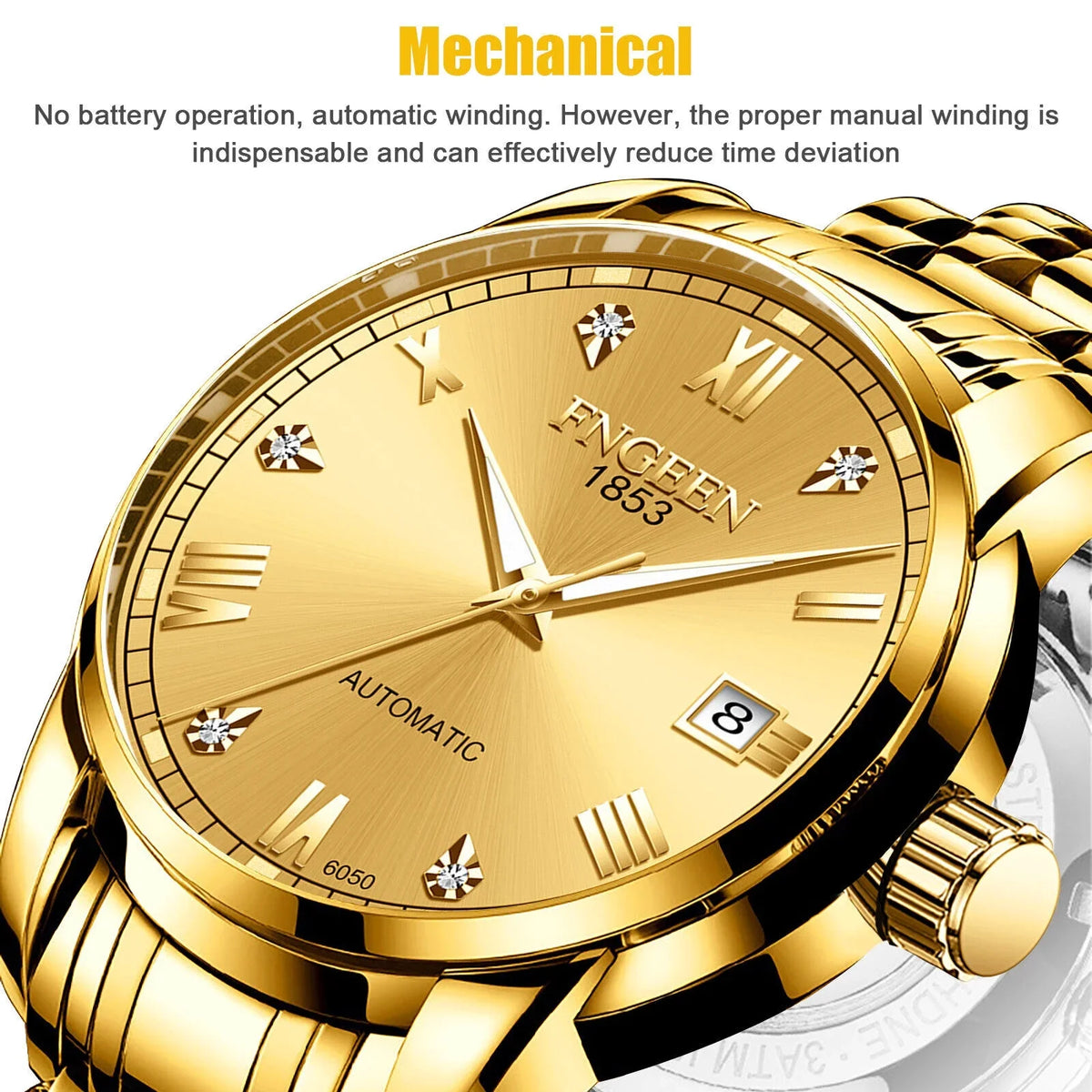 Automatic Luxury Wrist Steel Stainless Gold Tone Waterproof Watch Men Mechanical