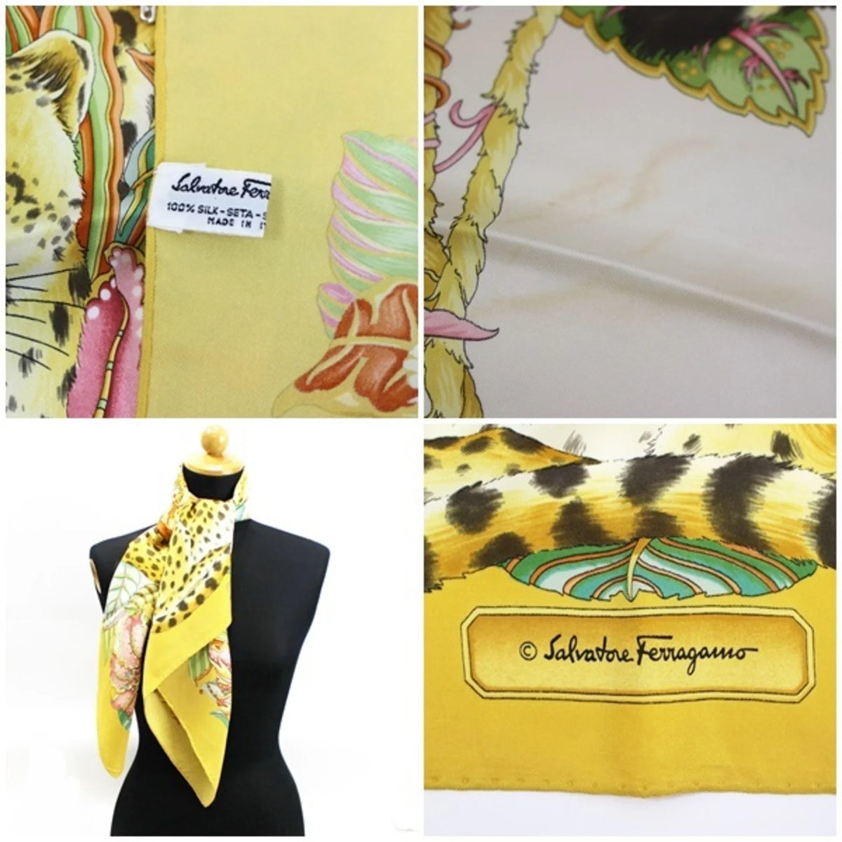 Yellow Silk Print Ferragamo Muffler Leopard Scarf Pre-Owned Women's (Good) Salvatore