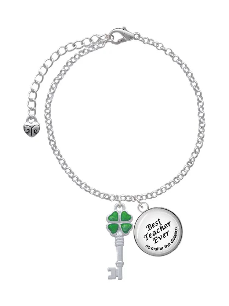 Lucky Jewelry Green Delight Translucent Charm Clover Dome Teacher Bracelet Ever Best Leaf Silvertone Four Key