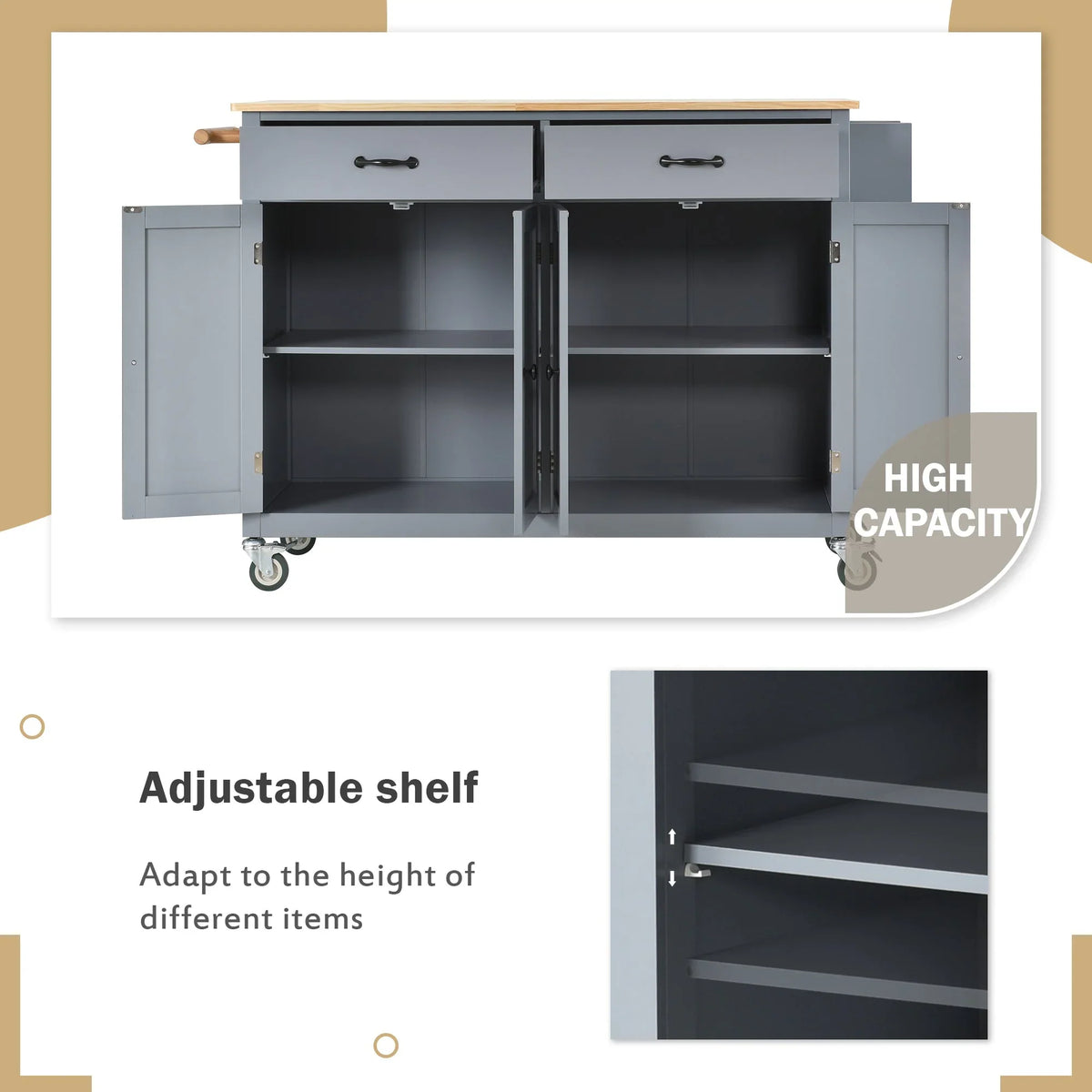 Locking - Wood with and Grey Wheels Top Kitchen Solid Blue Cart Island Granite