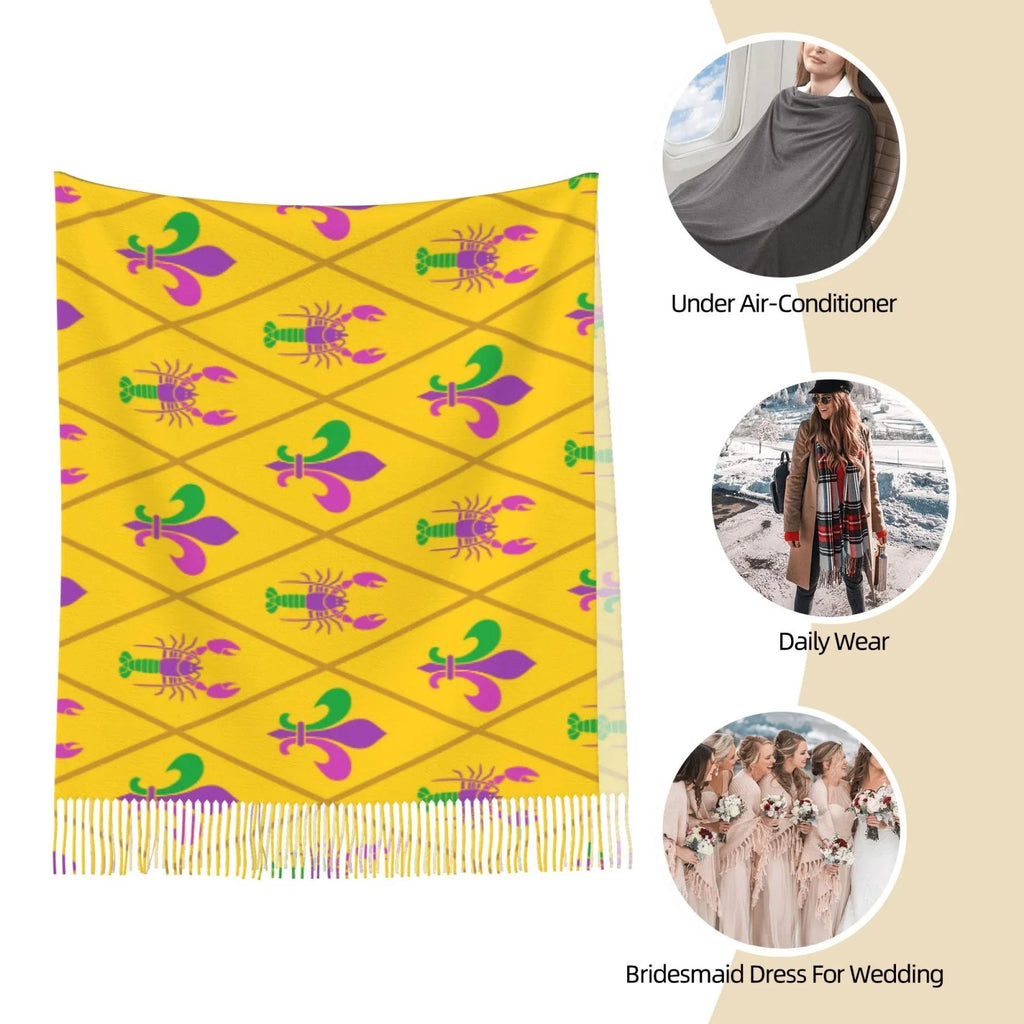 Crayfish Large Art Elegant Scarf Fleur Print Mardi Women Gifts- Soft Shawl Cashmere Bingfone Warm Winter For Feel lis and de Wrap Scarves Gras