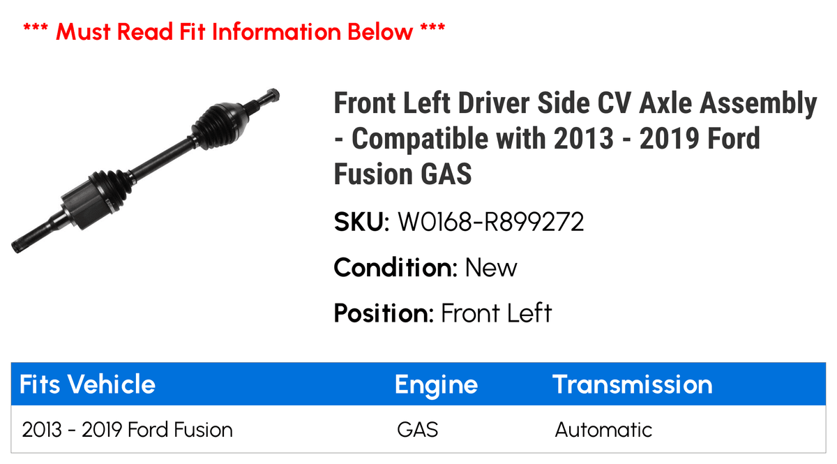 2017 Left Front Compatible Fusion CV 2018 Assembly Axle GAS with 2015 Side - 2016 2014 2019 2013 - Driver