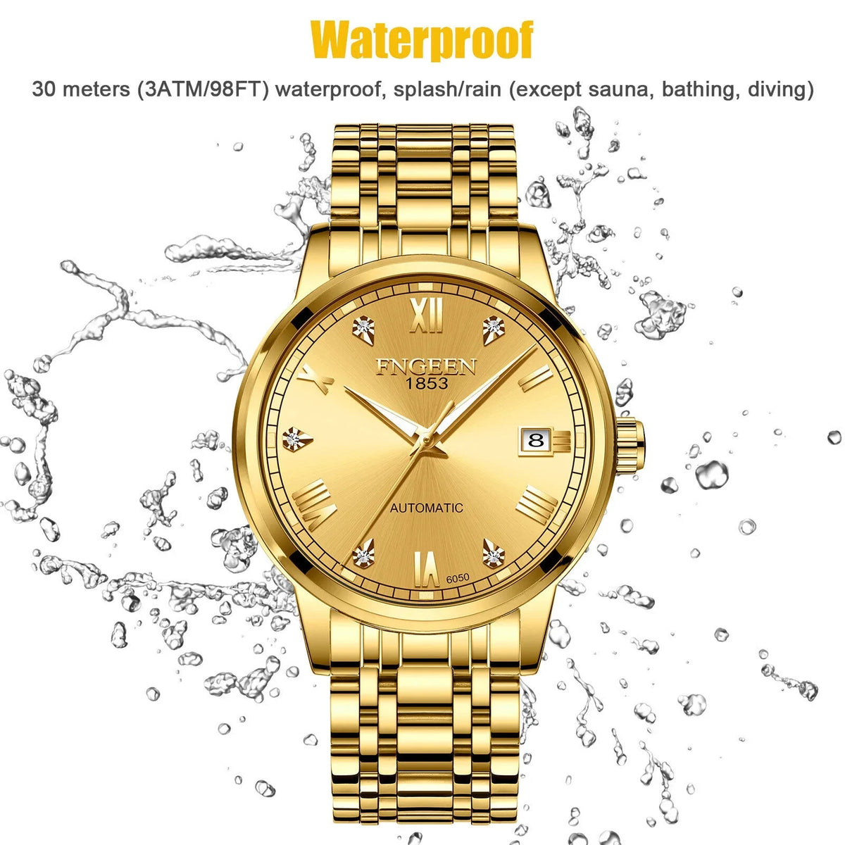 Automatic Luxury Wrist Steel Stainless Gold Tone Waterproof Watch Men Mechanical