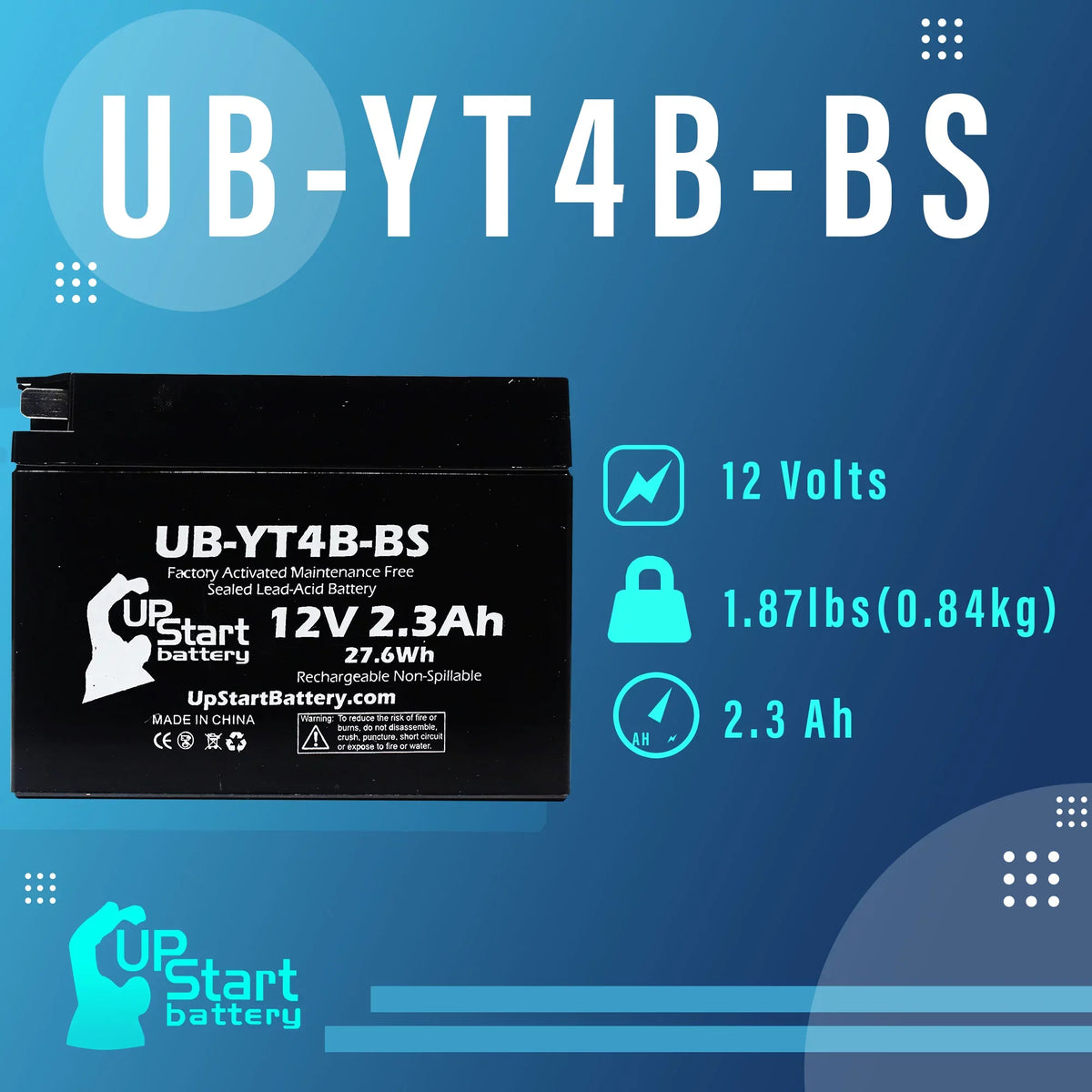 UB-YT4B-BS SR400 3-Pack UpStart - for 2009 Replacement 12V, Free, 400CC Battery Battery 2.3Ah, Motorcycle Factory Activated, Yamaha Maintenance