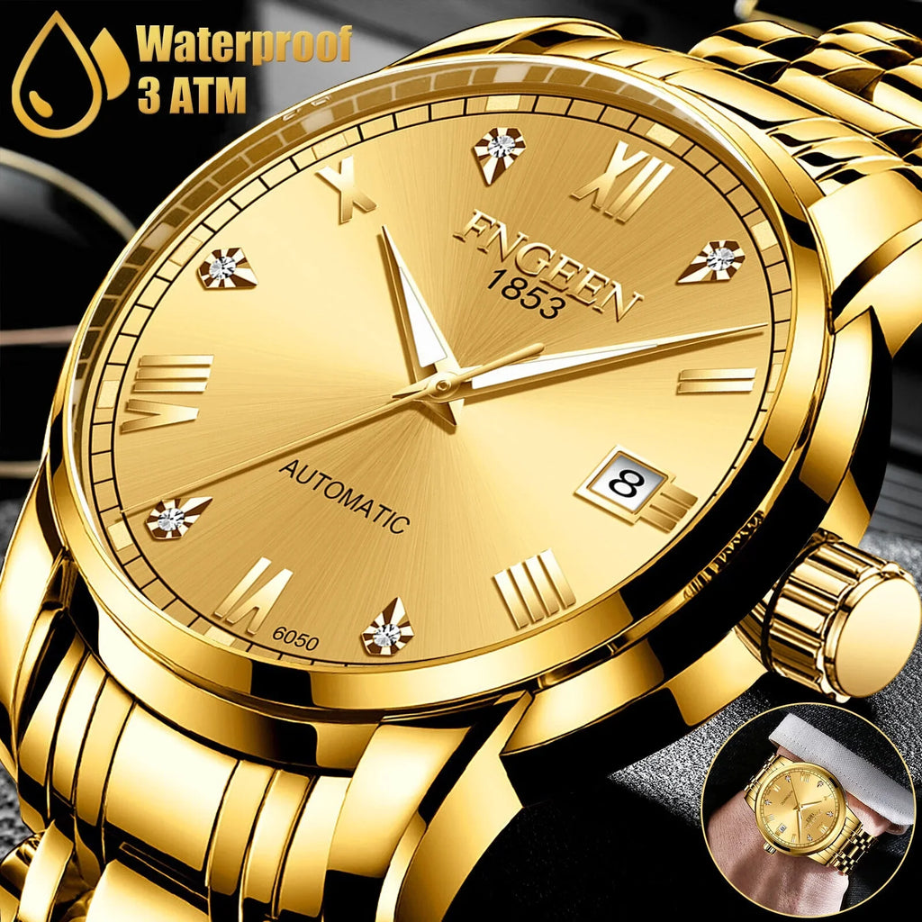 Automatic Luxury Wrist Steel Stainless Gold Tone Waterproof Watch Men Mechanical