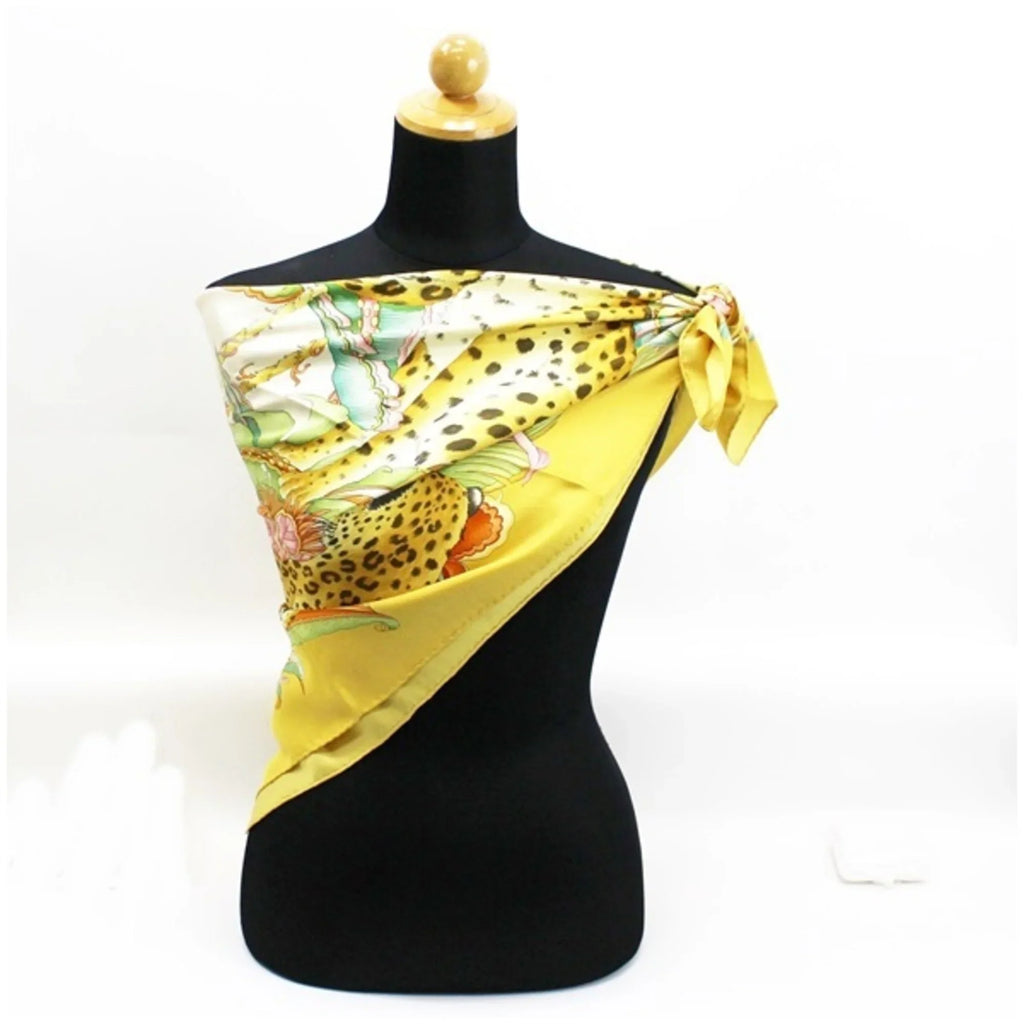 Yellow Silk Print Ferragamo Muffler Leopard Scarf Pre-Owned Women's (Good) Salvatore
