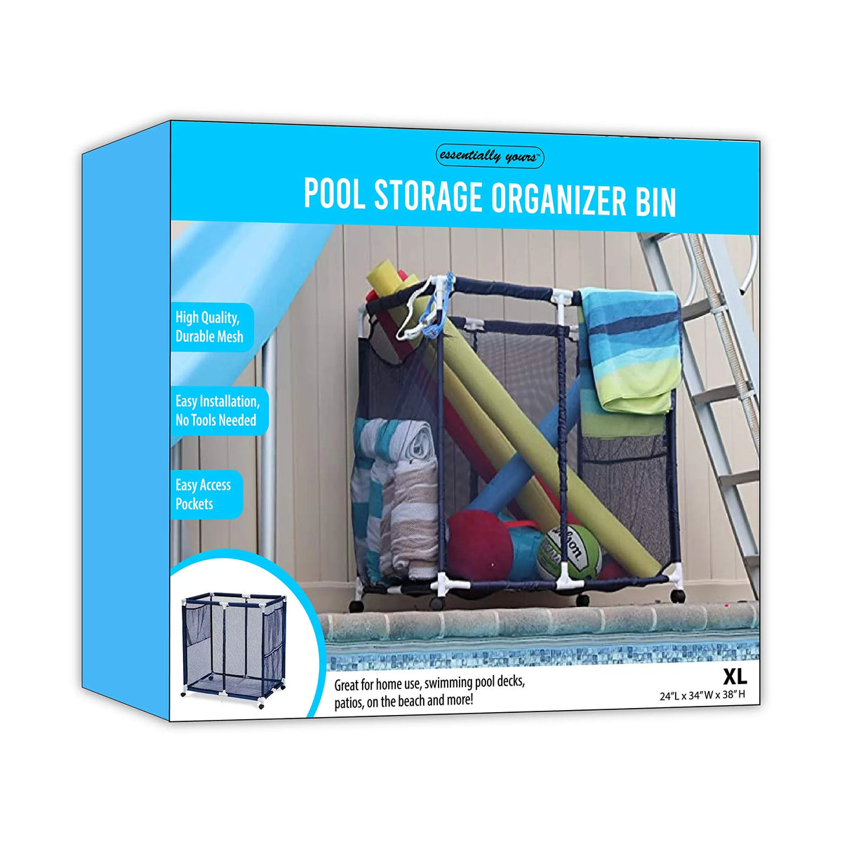Balls, design x and 455102 Organizer Floats, White (35" L x Rolling Storage Large, Yours 37.5" Blue Bin, Mesh Toys / Pool W Equipment Essentially 25.4" H),